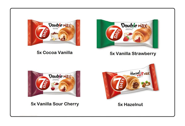 7 Days Croissant Vanilla Sourcherry + Cocoa Vanilla + Vanilla Strawberry + Hazelnut  Flavour 80g (Pack of 20) Global Snacks