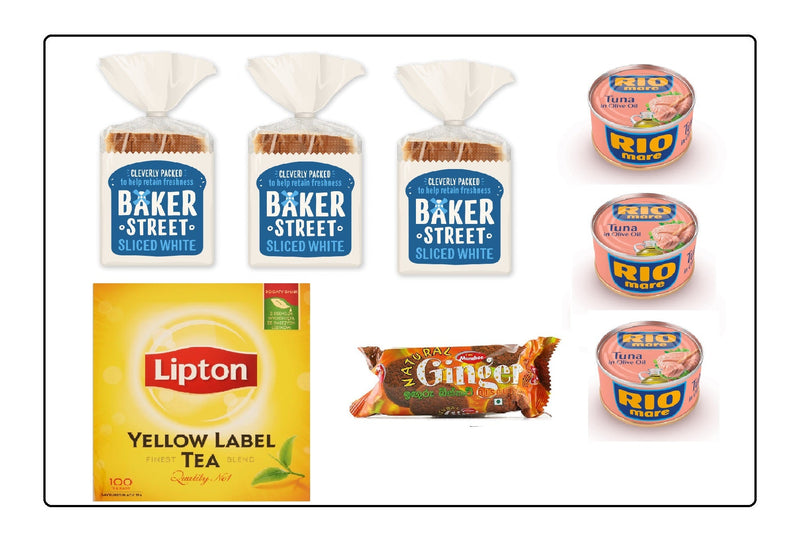 Baker Street White Bread 3 Pc, Rio Mare Tuna Tins 3 Pc and  Lipton Tea Bags (100 pc.) with FREE Munchee Ginger Biscuit Global Snacks