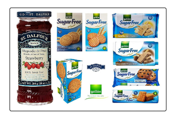 Gullon Sugar Free Biscuits 7 Pack with St Dalfour Strawberry Jam 1 Bottle Value Pack Bundle Global Snacks