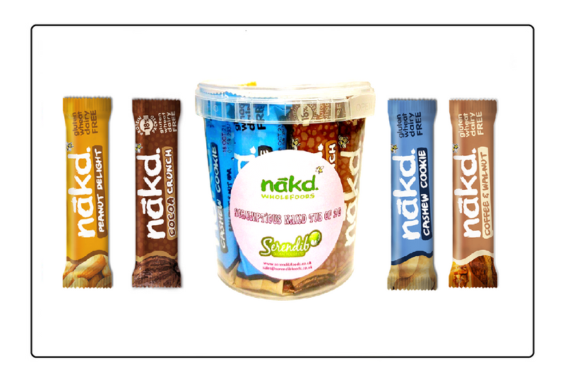 Nakd Scrumptious Nutty Bars Tub of 20 (Peanut Delight, Cashew Cookie, Coffee and Walnut, Cocoa Crunch) Global Snacks