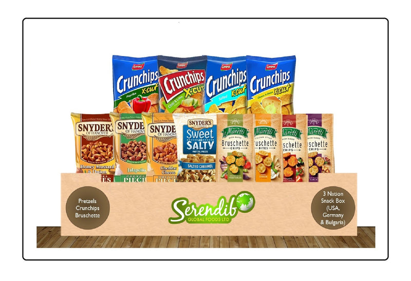 Serendib 3 Nation Snack Box | USA-Germany-Bulgaria | 12 Different Varieties | Chips | Bruschette | Pretzels Global Snacks