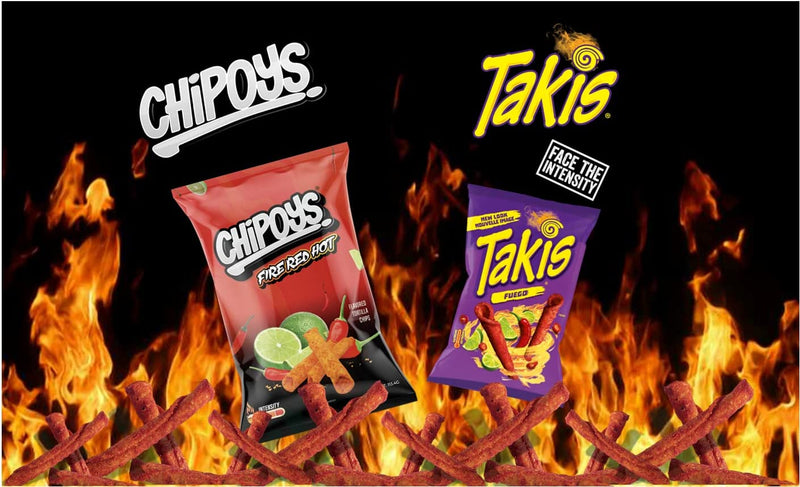 Takis Fuego Hot Chilli Spicy 55g (Pack of 3) | Chipoys Tortilla Chips, Fire Red Hot Flavor (Pack of 3) Global Snacks